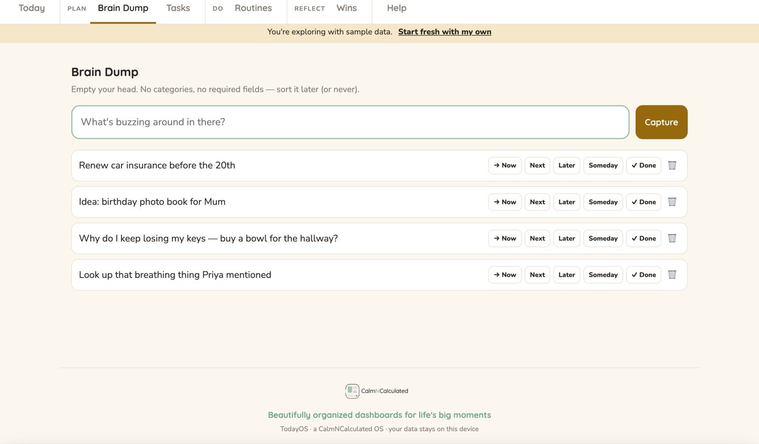 A brain dump screen taking notes and tasks in any order, with no categories to choose.