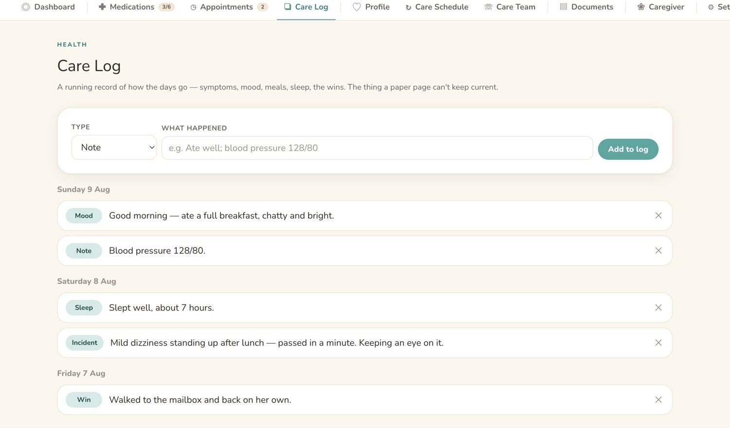 A daily care log with short entries the whole family can read.