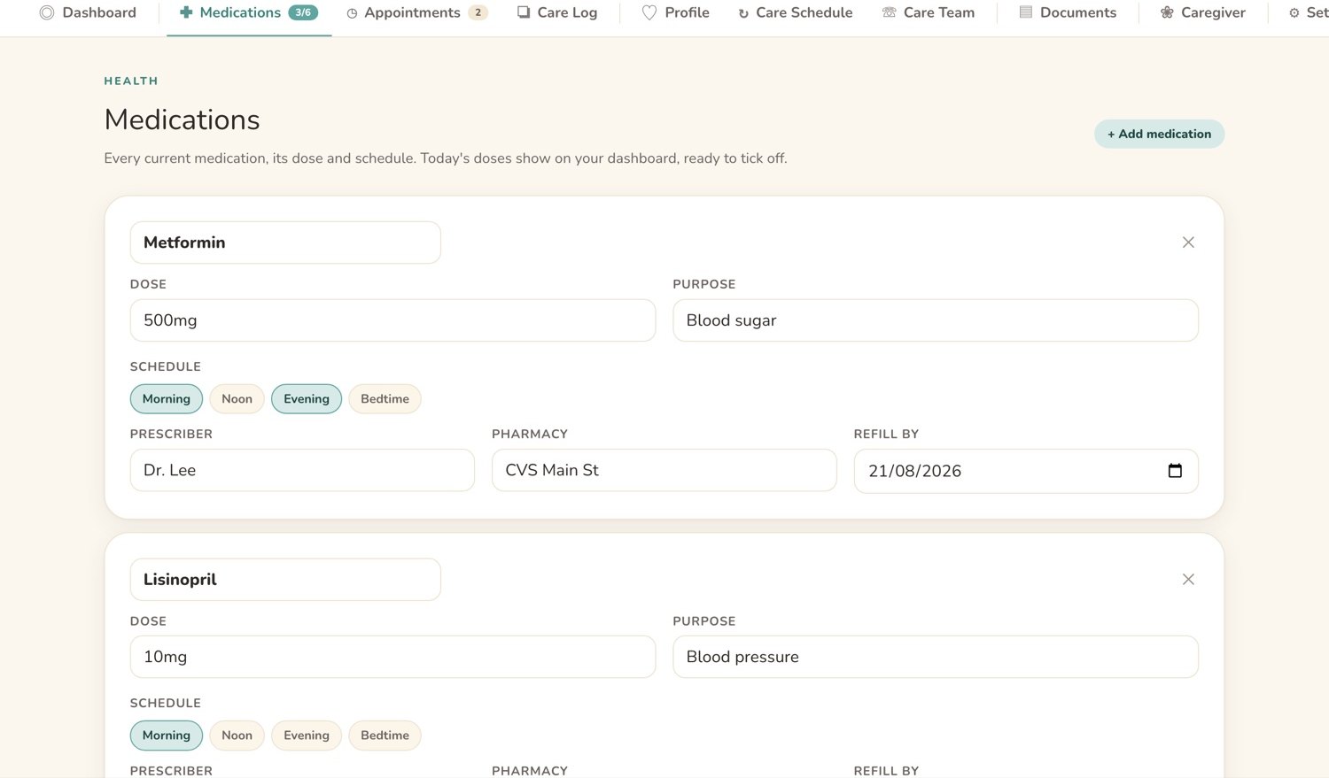A medications screen listing each medication with its dose, timing and whether it has been given.