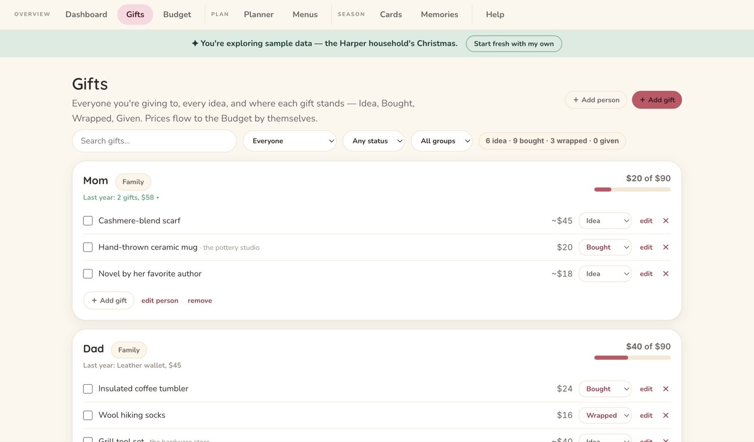 A gift list showing each person's gift and whether it has been bought, wrapped or given.