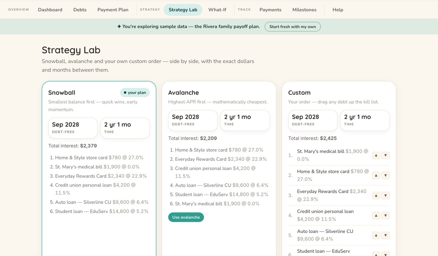 A comparison screen showing the snowball and avalanche payoff methods run side by side.