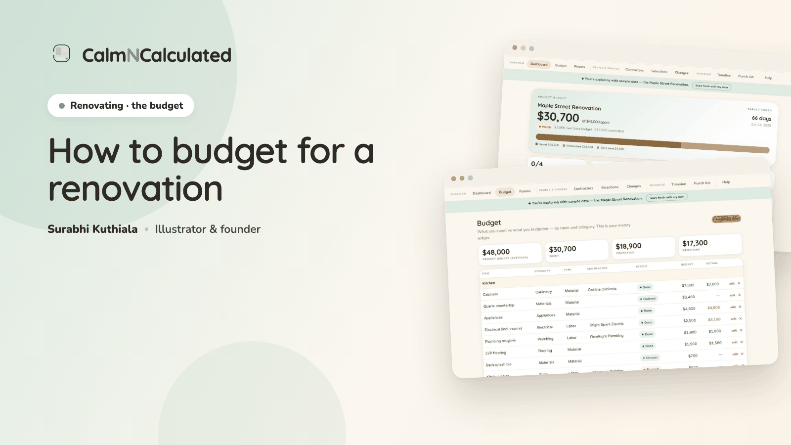 How to budget for a home renovation — the Home Renovation Tracker's dashboard and budget screens.