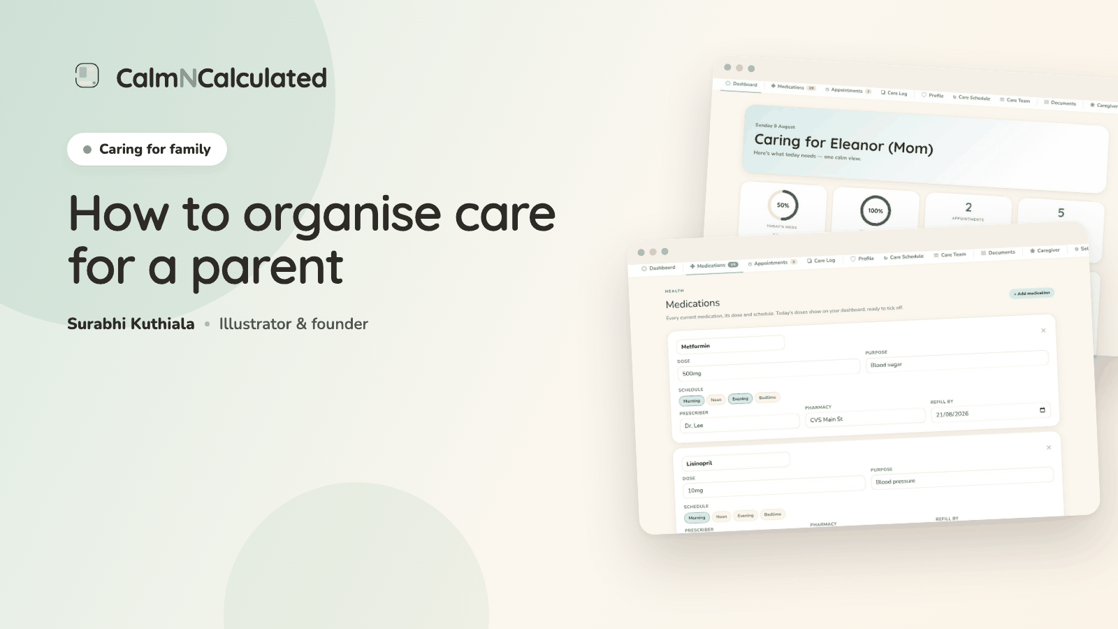 How to organise care for an aging parent — the Caregiver Planner's dashboard and medications screens.