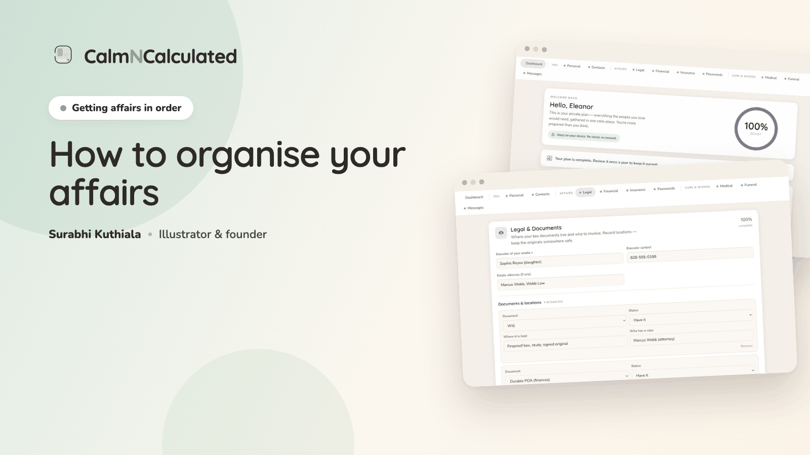 How to organise your affairs — the End of Life Planner's completeness view and legal documents section.