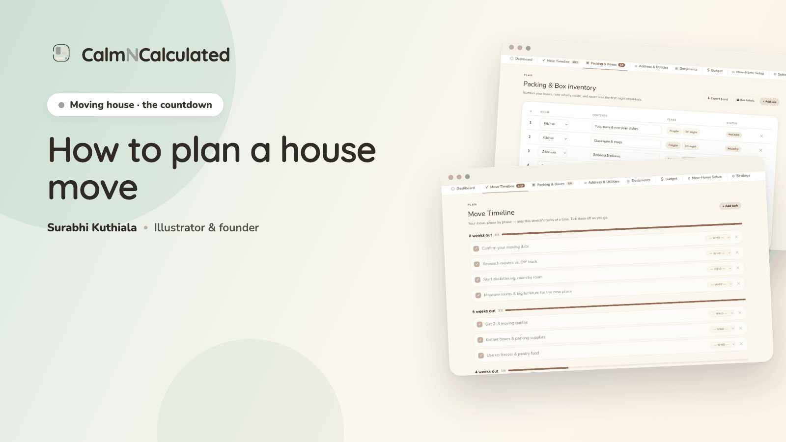 How to plan a house move — the Moving Planner's timeline and packing screens.