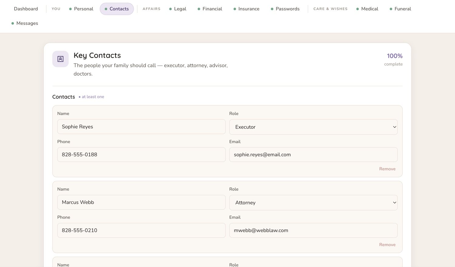 A contacts section listing who to call and in what order, with numbers beside each name.