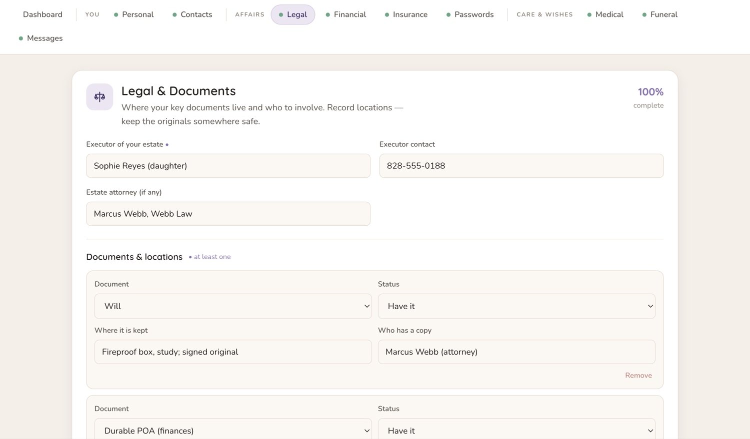 A legal section listing the will, deeds and policies, and recording where each document is kept.