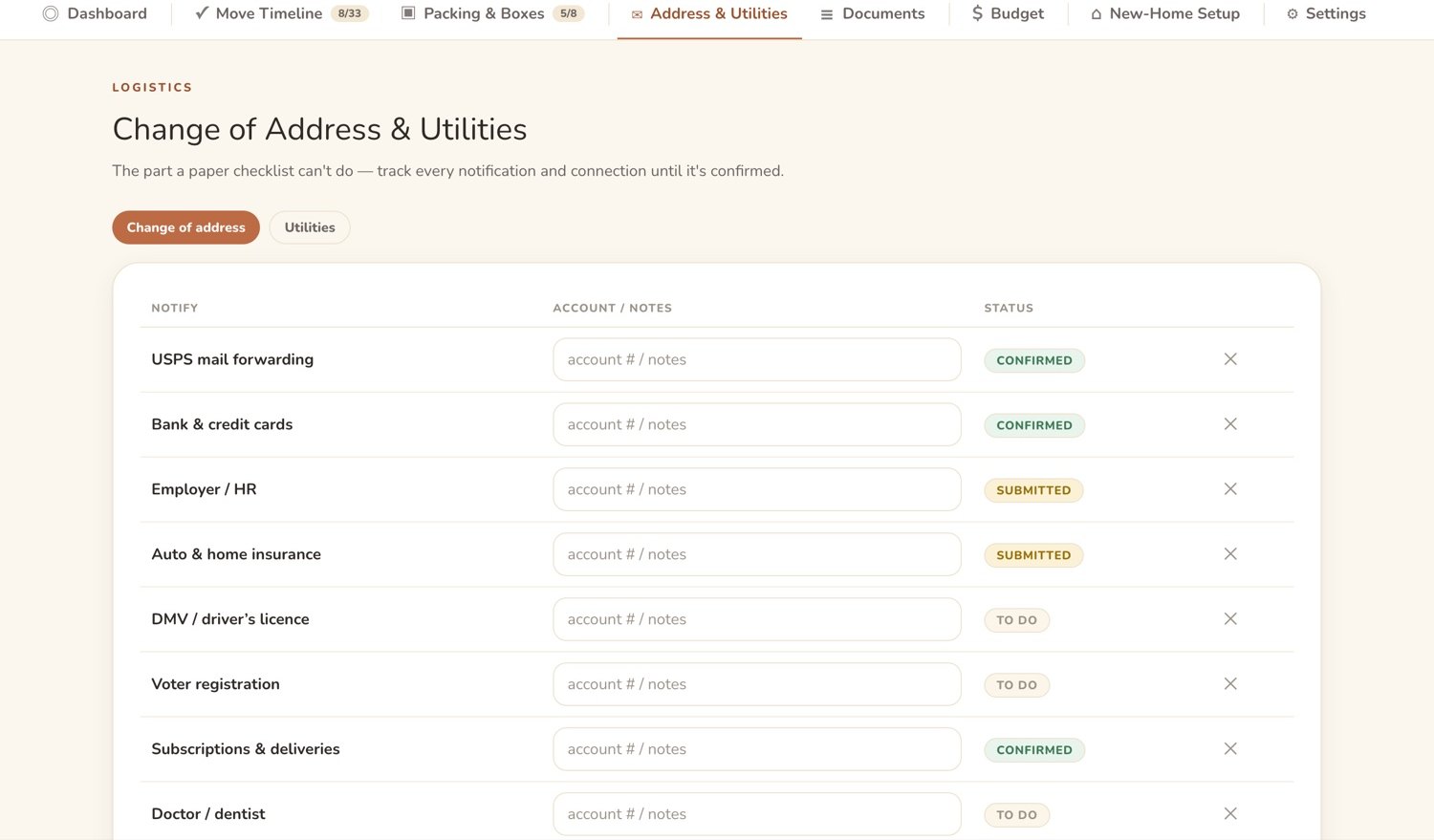 A change-of-address checklist listing utilities, services and organisations, ticked off as each is told.