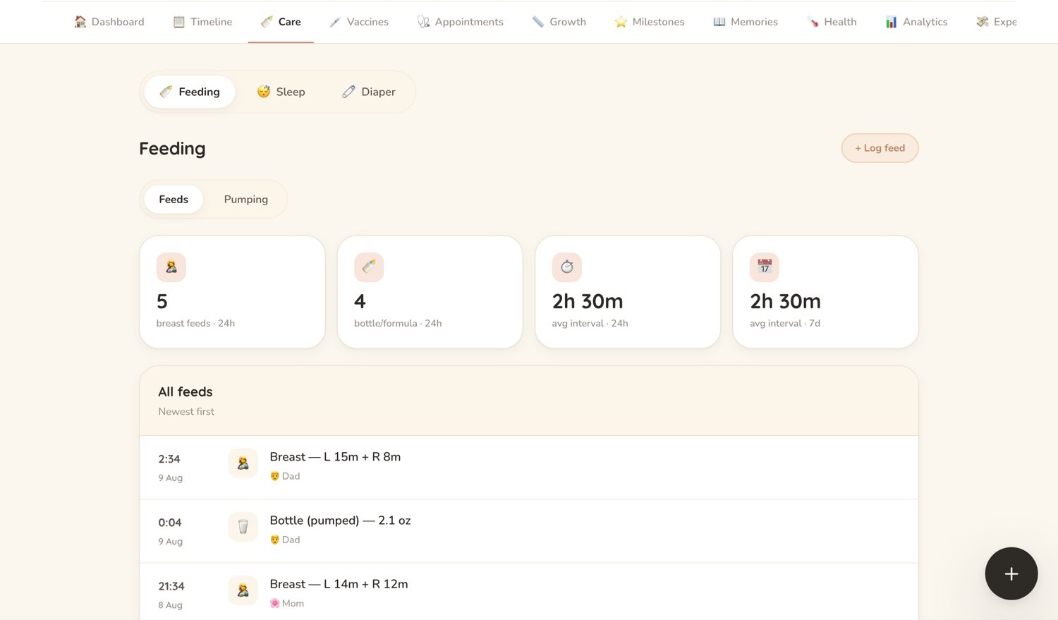 A care log of feeds, sleep and nappies, entered as a running list with times.