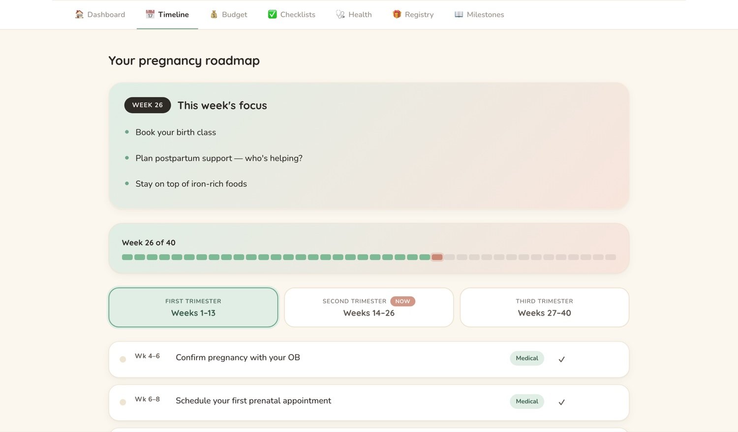 A pregnancy timeline showing week 26 of 40, this week's focus, and the tasks grouped by trimester.
