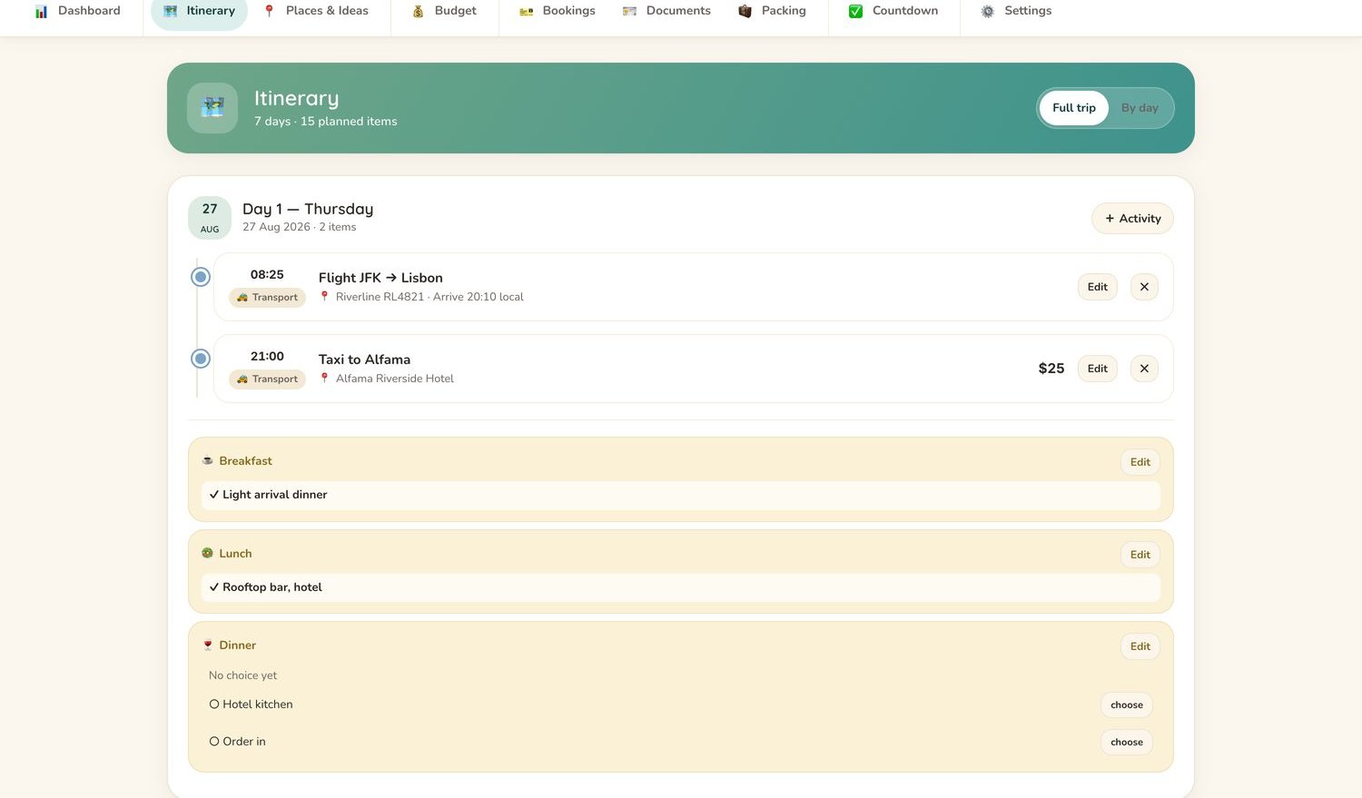A day-by-day trip itinerary listing each day's plans with times and places.