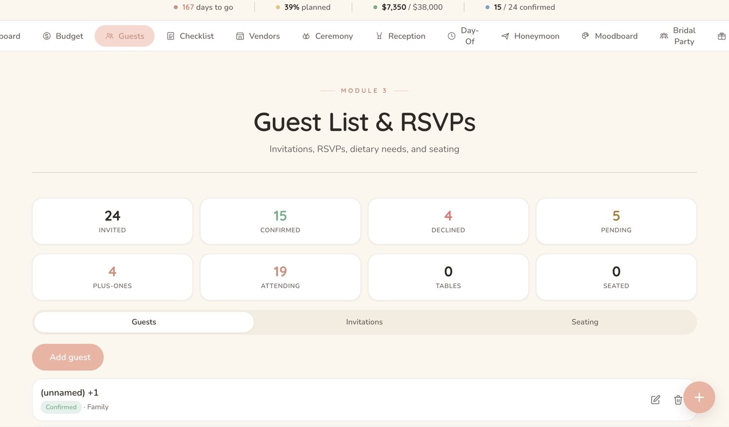 A wedding guest list showing invitations sent, replies received and the running head count.