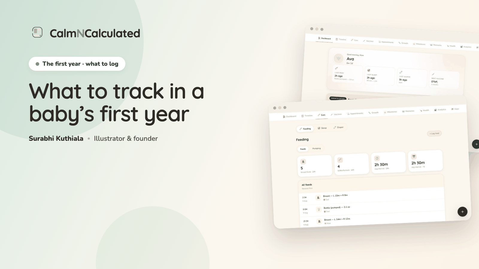 What to track in a baby's first year — the Newborn Baby Tracker's care log and dashboard.