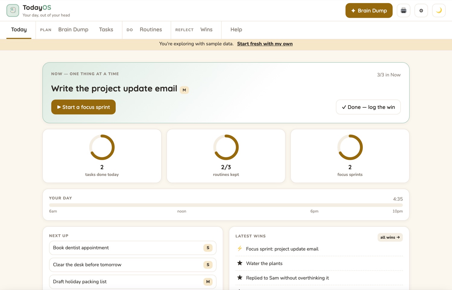The dashboard of the CalmNCalculated ADHD Daily Planner, running on its sample data