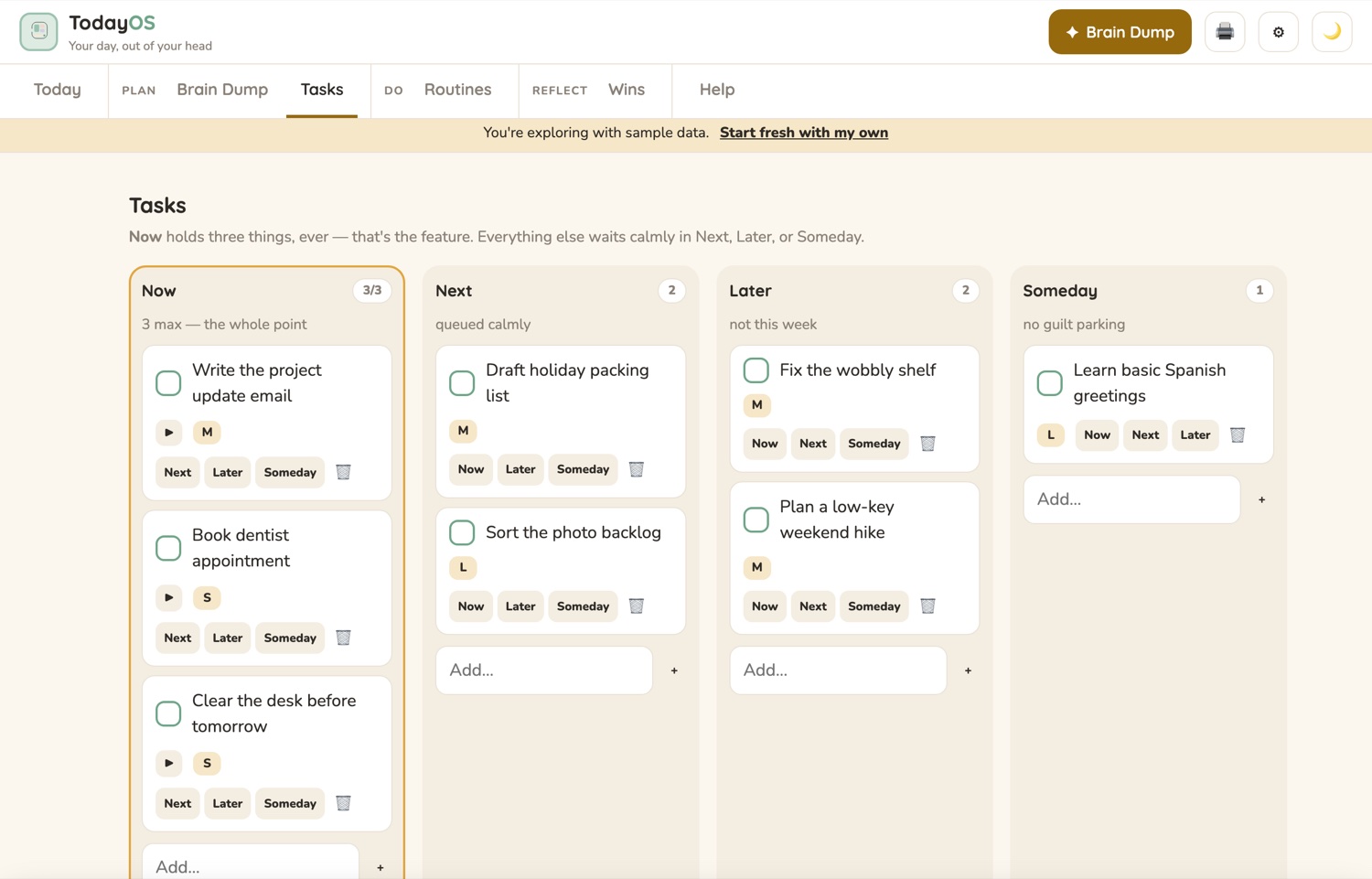 The Tasks screen in the CalmNCalculated ADHD Daily Planner, showing small, moveable tasks that roll forward