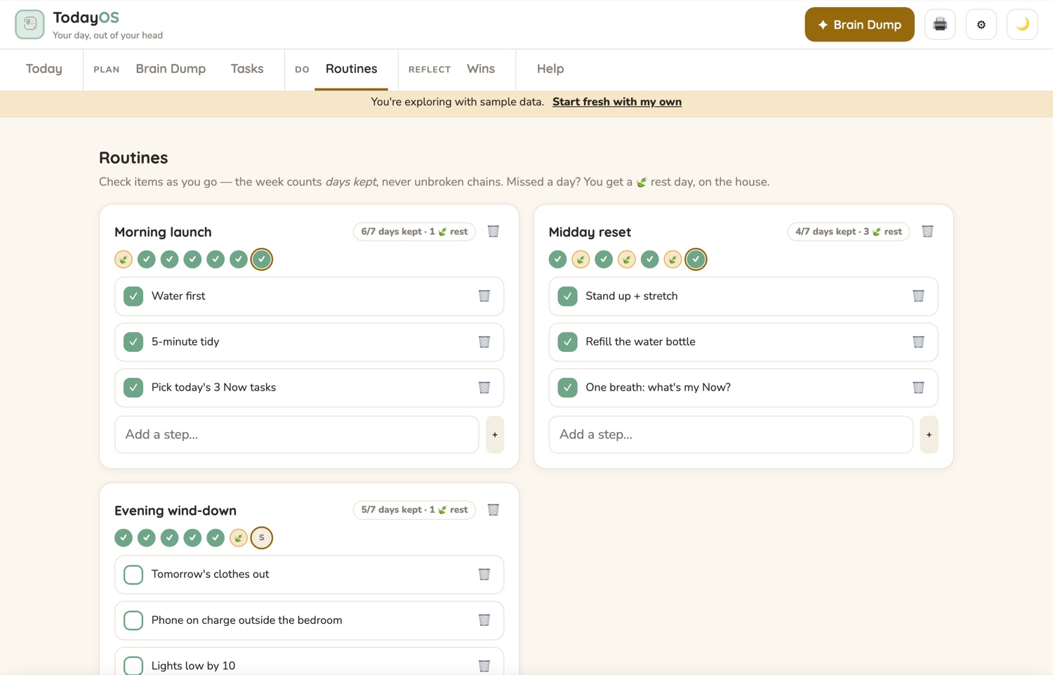 The Routines screen in the CalmNCalculated ADHD Daily Planner, showing morning and evening routines