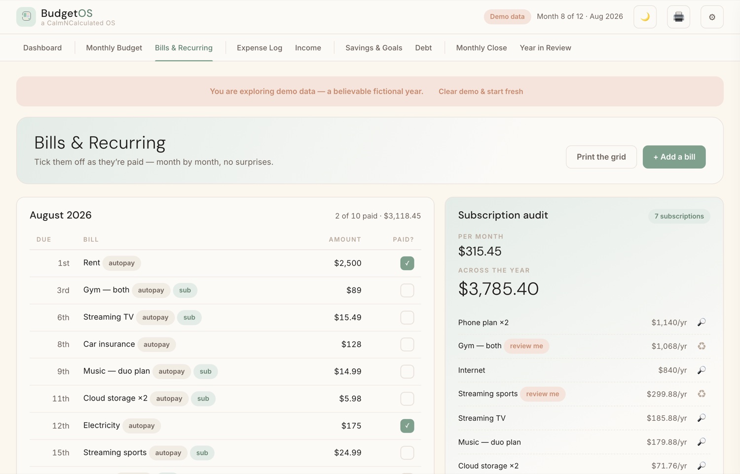 Bills and recurring charges grid with a subscription audit totalling what subscriptions cost per year
