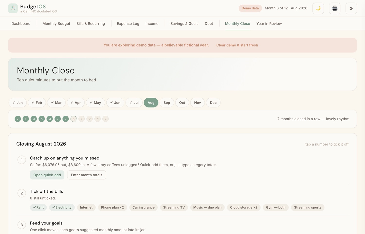 The Monthly Close screen in the CalmNCalculated Budget Planner, showing the month being reviewed and closed off