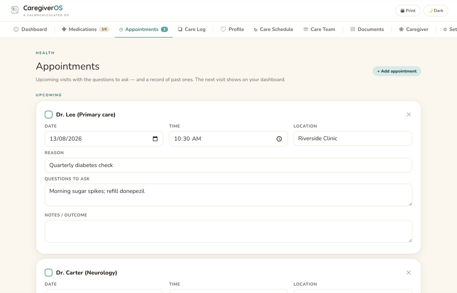The Appointments screen in the CalmNCalculated Caregiver Planner, showing appointments with dates, places and who is going