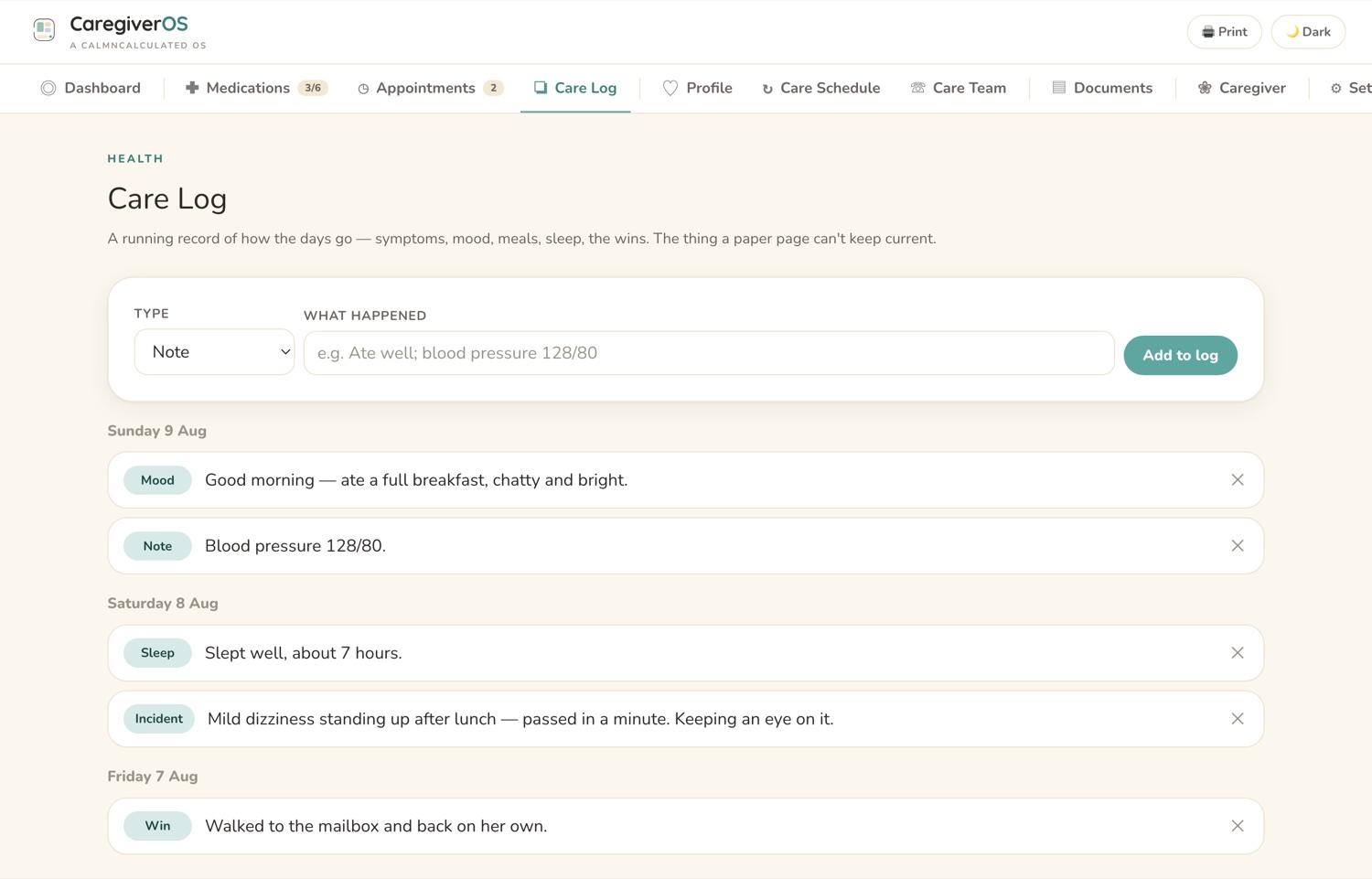 The Care Log screen in the CalmNCalculated Caregiver Planner, showing the care log the whole family can read