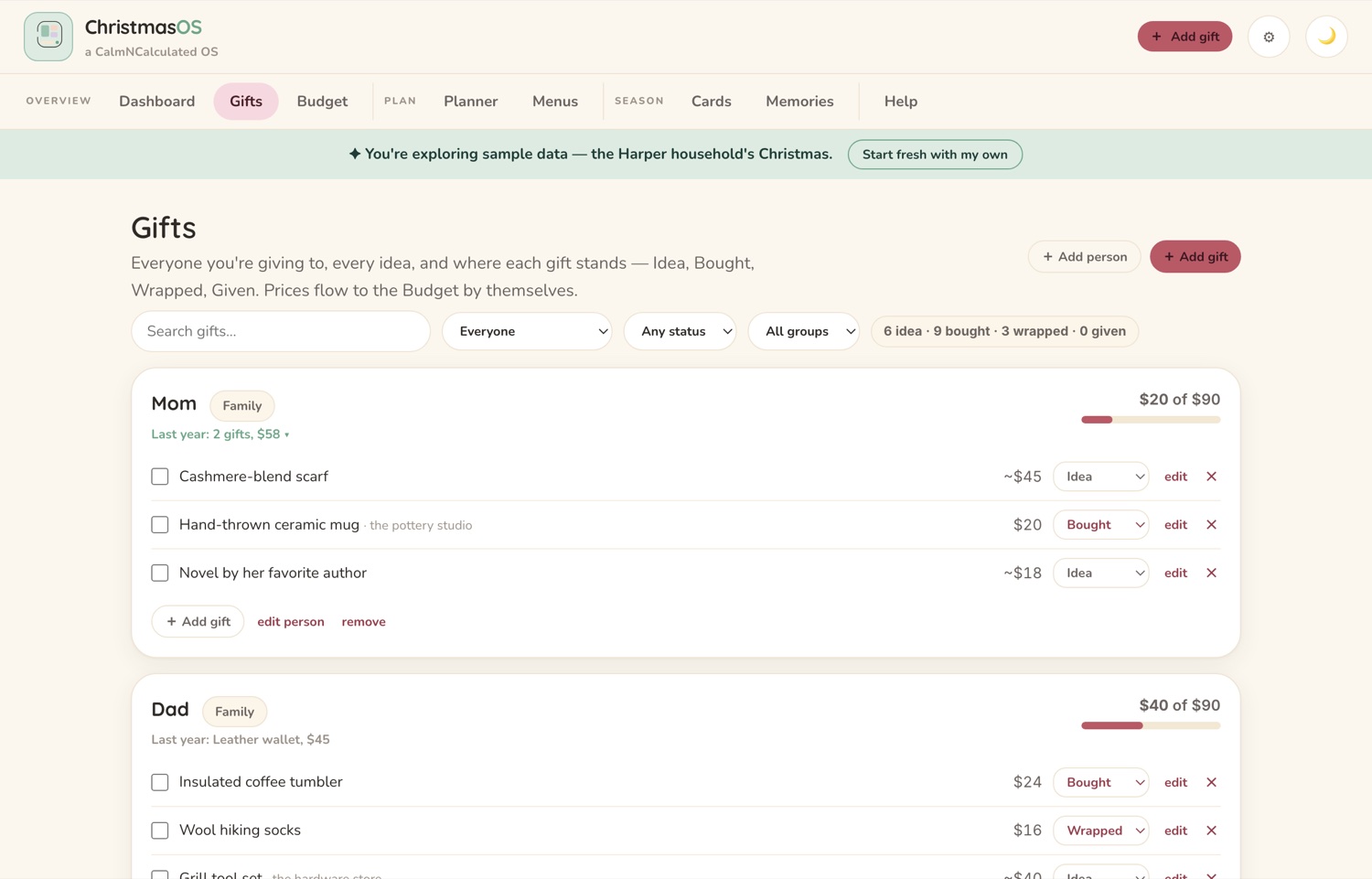 The Gifts screen in the CalmNCalculated Christmas Planner, showing every gift and whether it's bought, wrapped or given