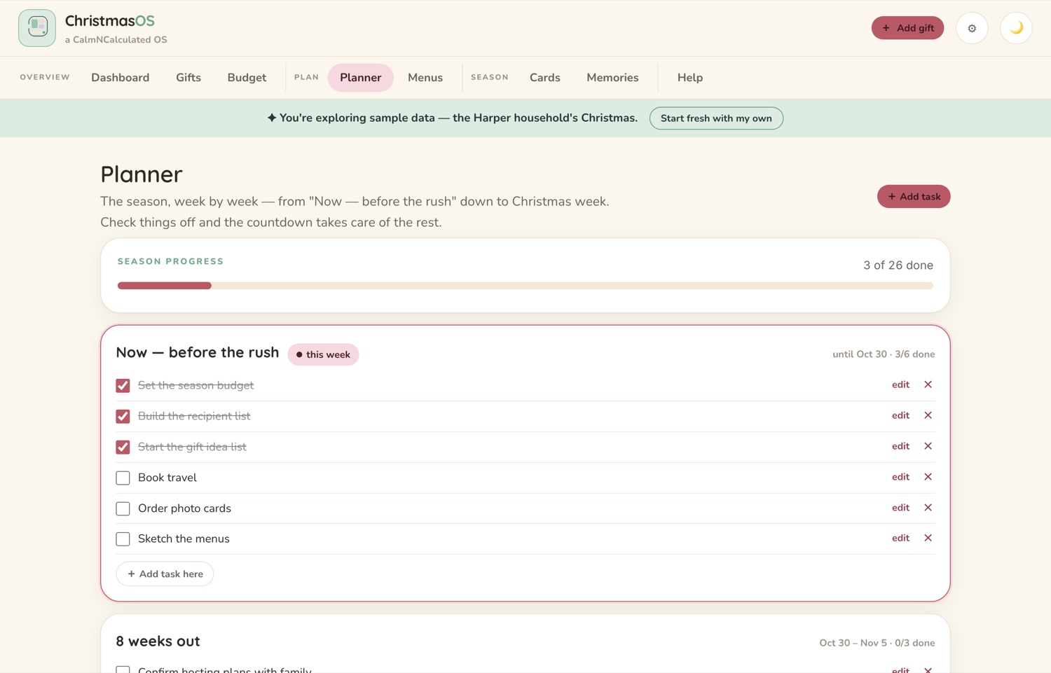The Planner screen in the CalmNCalculated Christmas Planner, showing the run-up plan — cards, posting dates and the day itself