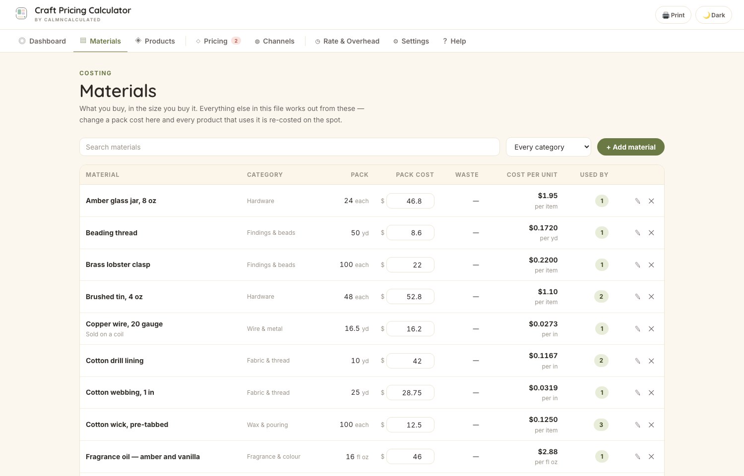 The Materials screen in the CalmNCalculated Craft Pricing Calculator, showing pack cost turned into a true cost per unit for every material