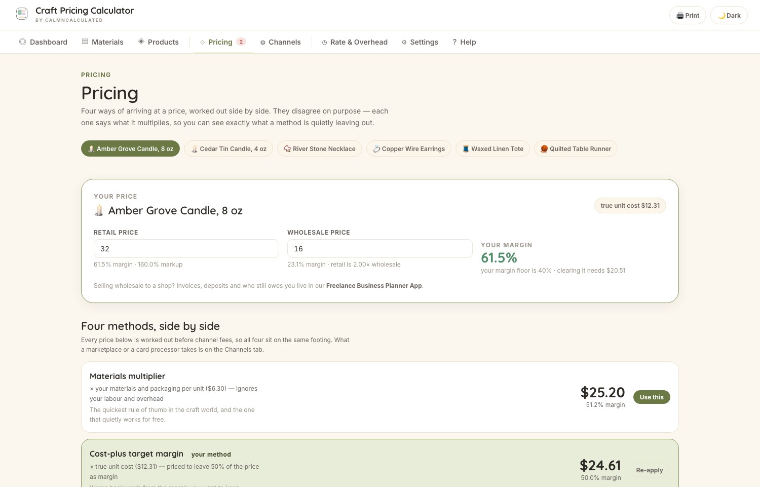 The Pricing screen in the CalmNCalculated Craft Pricing Calculator, showing four pricing methods worked out side by side for one product
