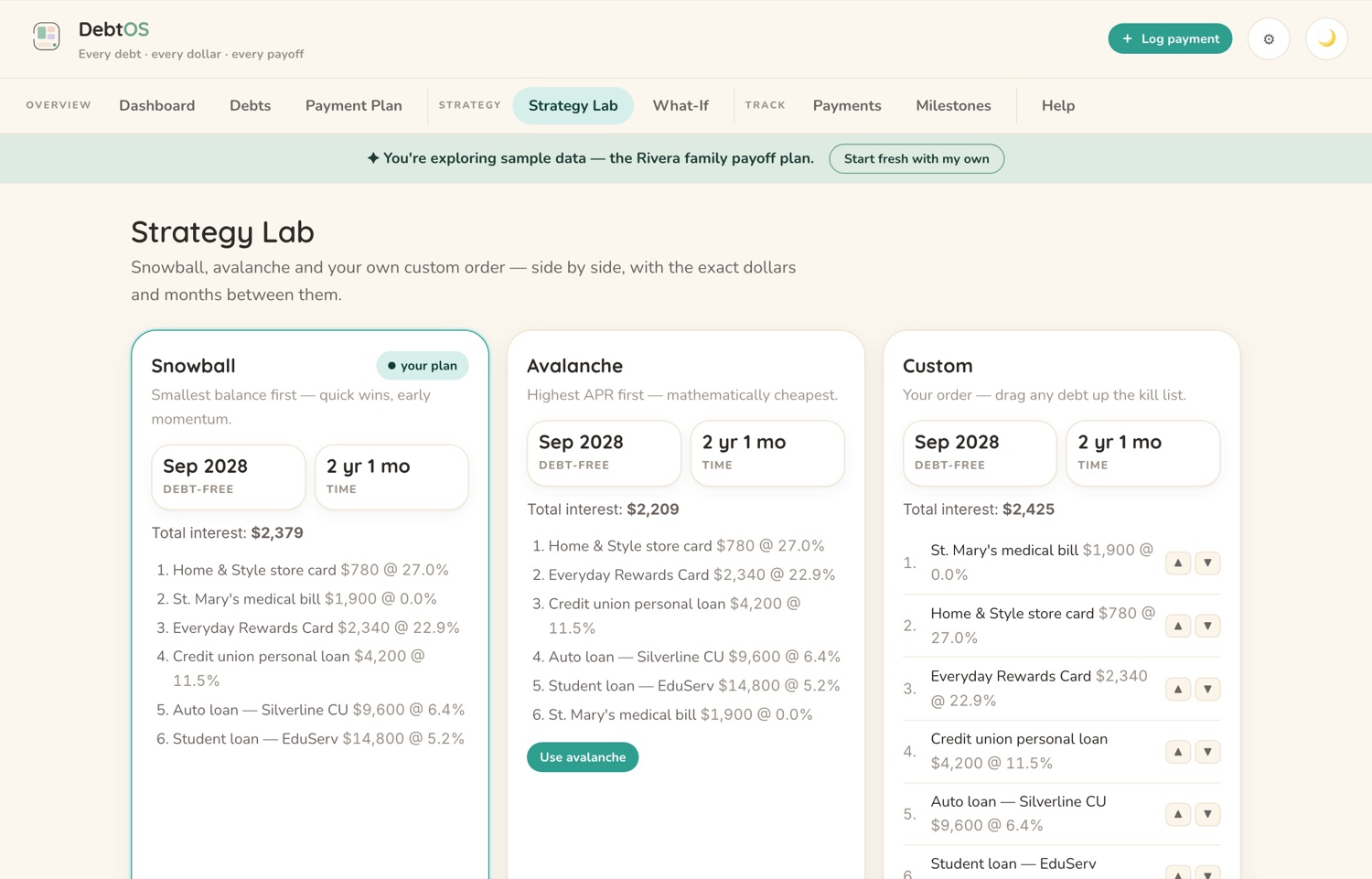 The Strategy Lab screen in the CalmNCalculated Debt Payoff Tracker, showing snowball and avalanche run side by side