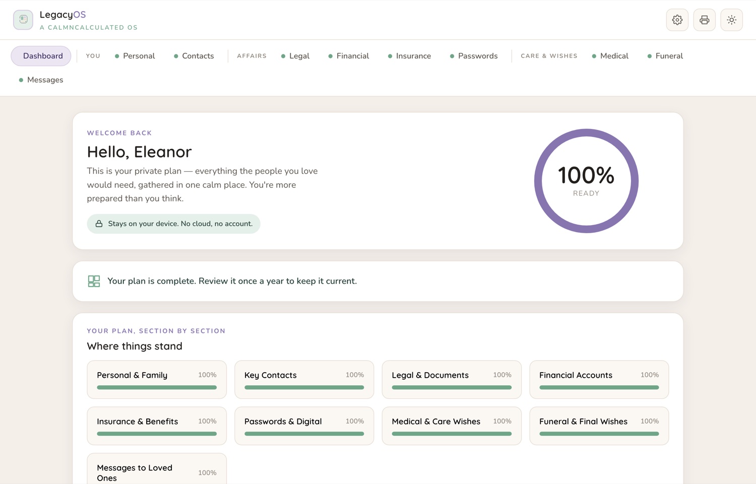 The dashboard of the CalmNCalculated End of Life Planner, running on its sample data
