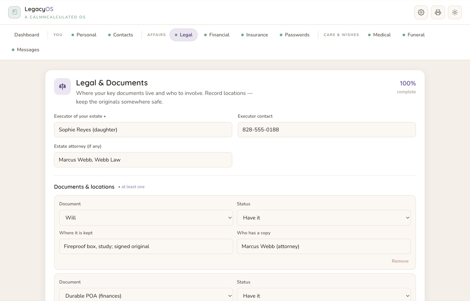 The Legal screen in the CalmNCalculated End of Life Planner, showing will, deeds and policies, and where each one lives