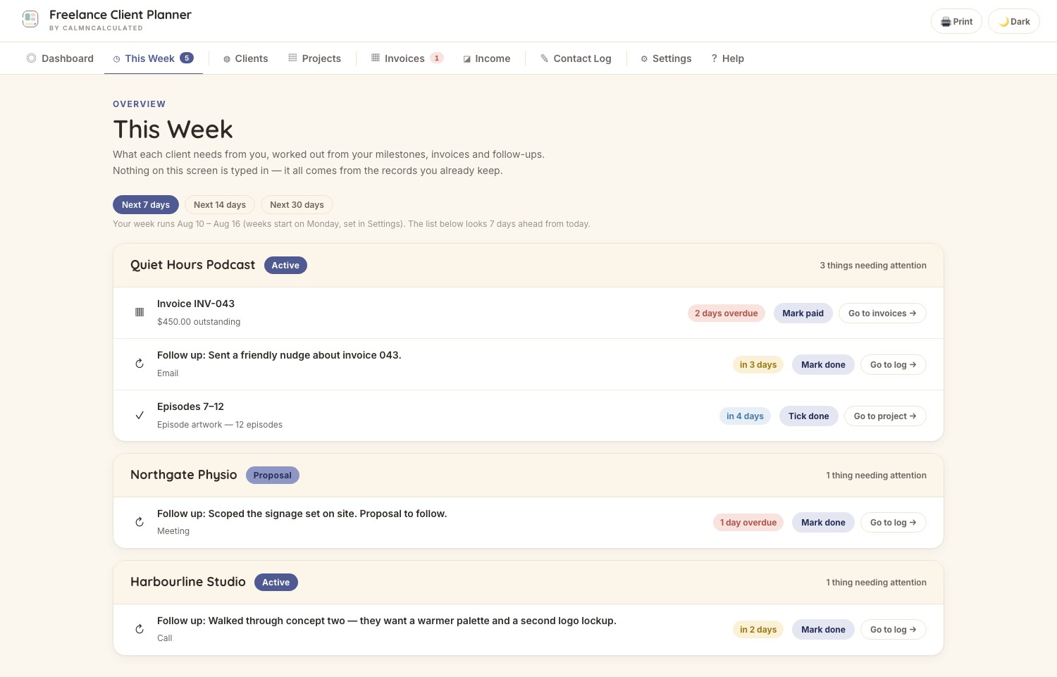 The This Week screen in the CalmNCalculated Freelance Client Planner, showing every client with something due this week, worked out automatically