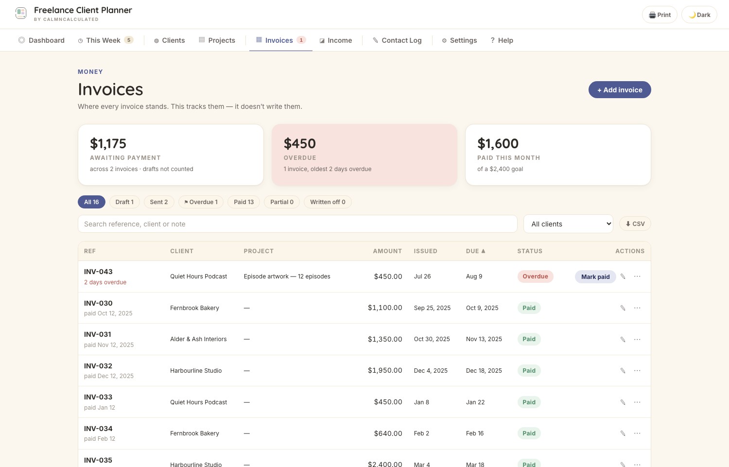The Invoices screen in the CalmNCalculated Freelance Client Planner, showing every invoice's status, tracked live from its due date