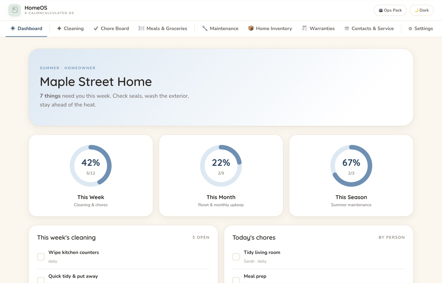 A CalmNCalculated planner open in a browser with its own data