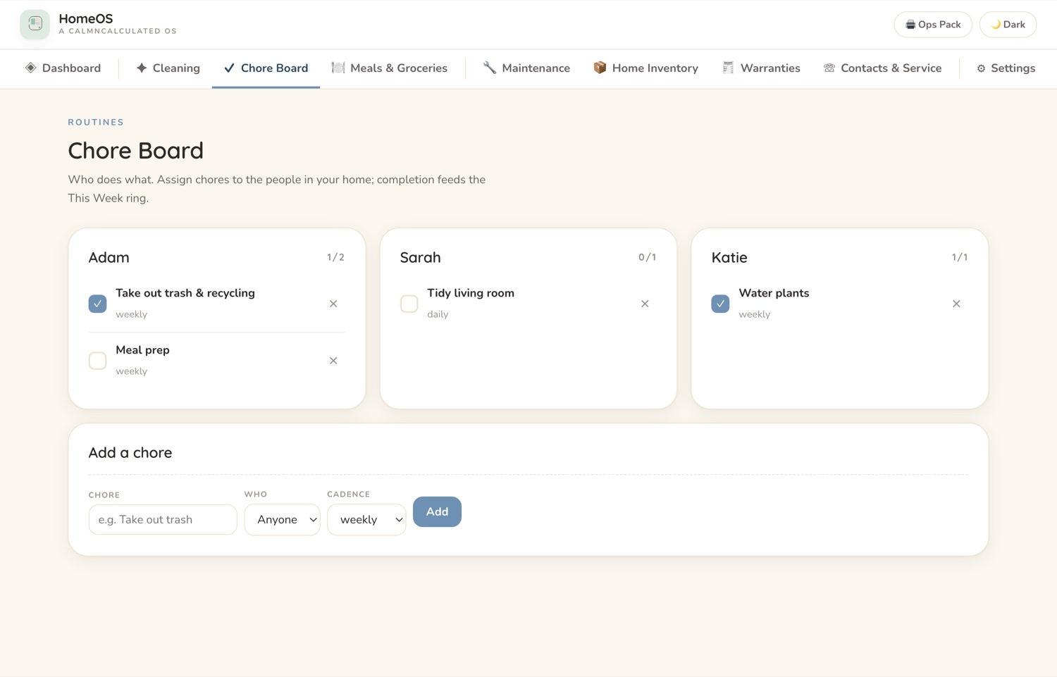 The Chore Board screen in the CalmNCalculated Home Management Planner, showing the chore board showing who does what