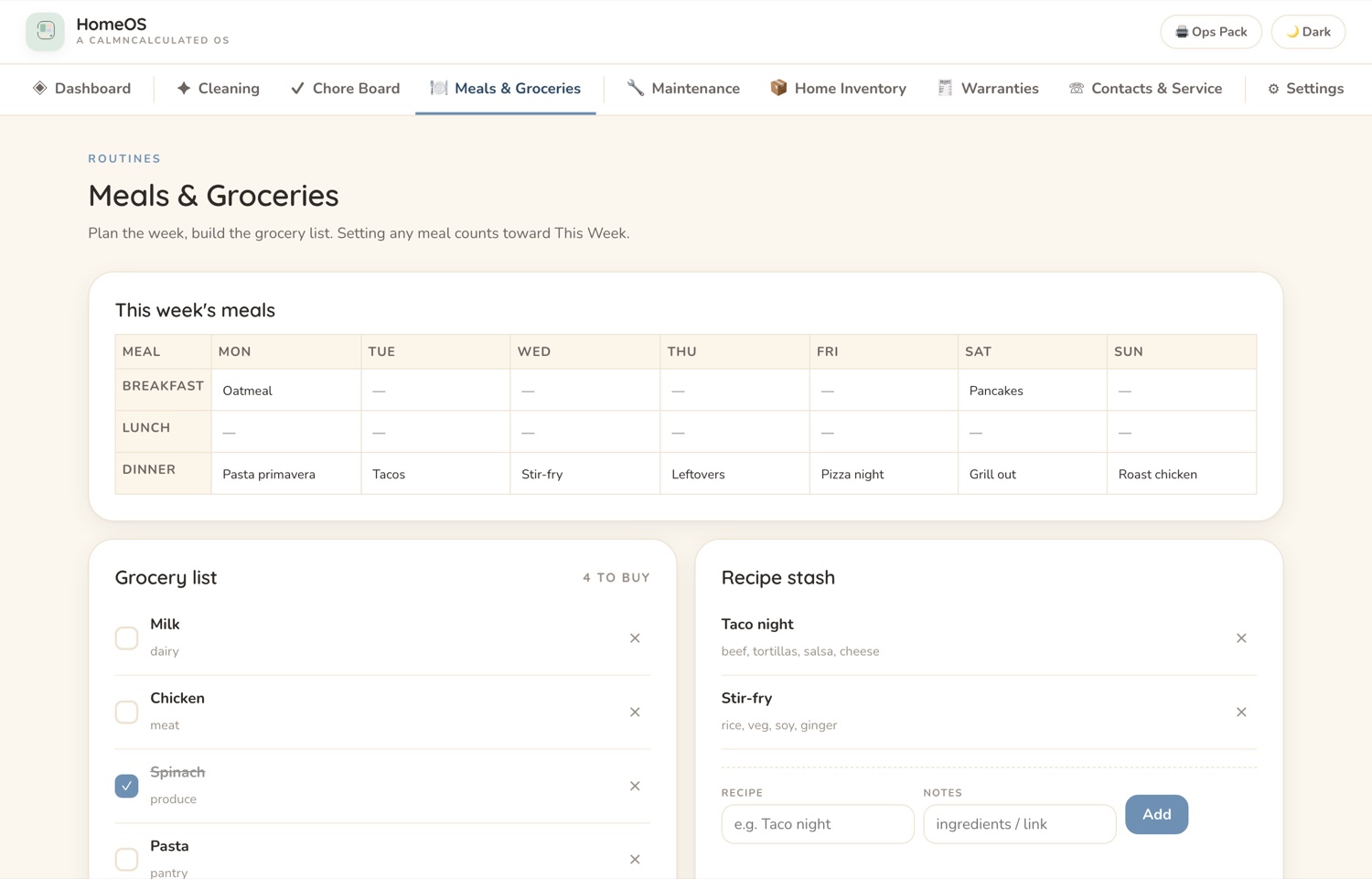 The Meals & Groceries screen in the CalmNCalculated Home Management Planner, showing the week's meals and the grocery list they produce