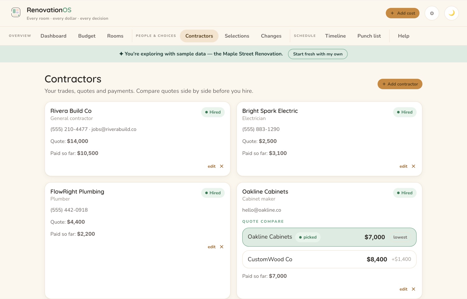 The Contractors screen in the CalmNCalculated Home Renovation Tracker, showing contractors and their quotes side by side