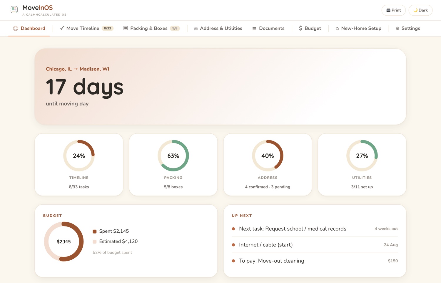 The dashboard of the CalmNCalculated Moving Planner, running on its sample data