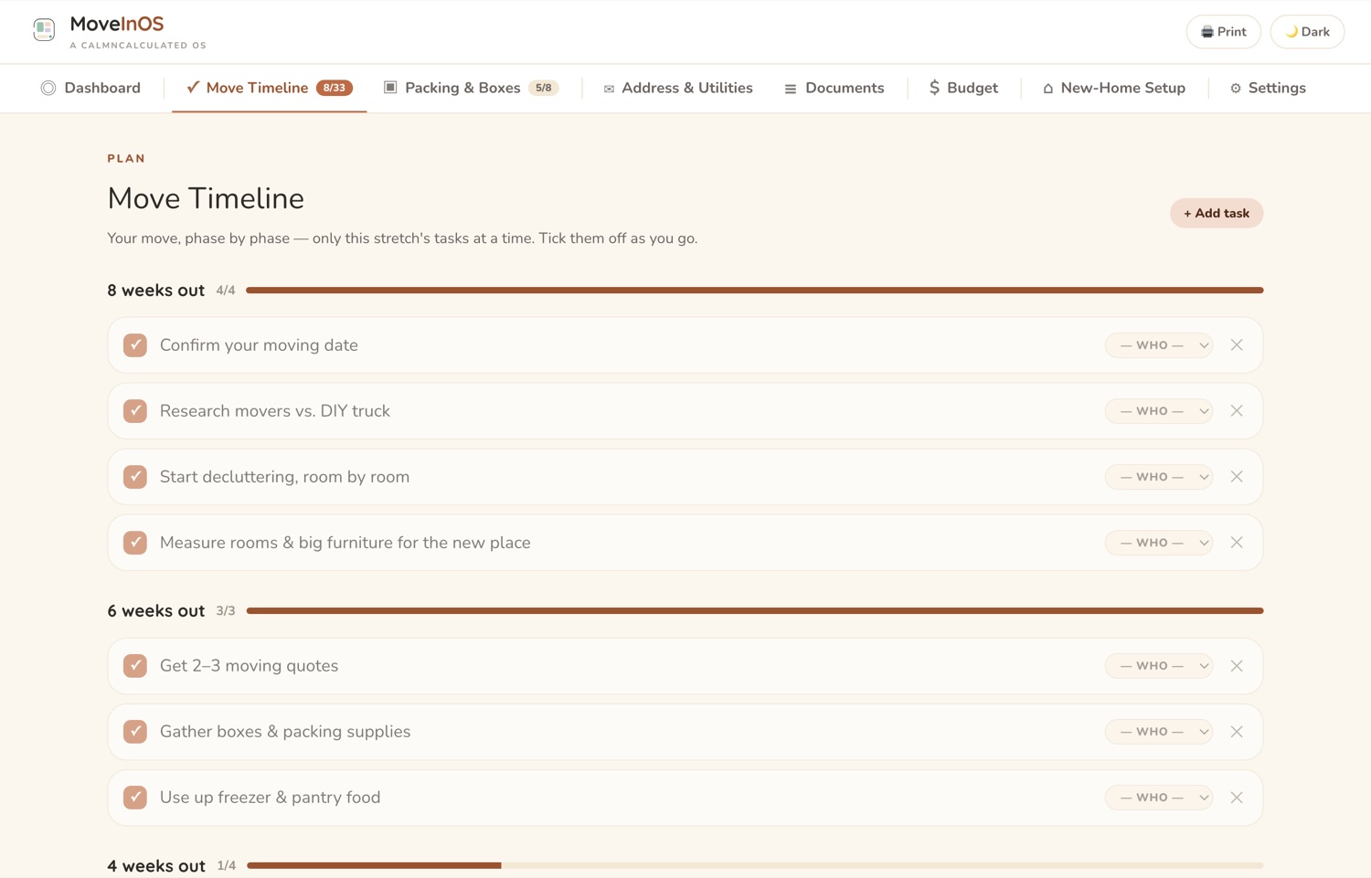 The Move Timeline screen in the CalmNCalculated Moving Planner, showing a timeline working back from moving day