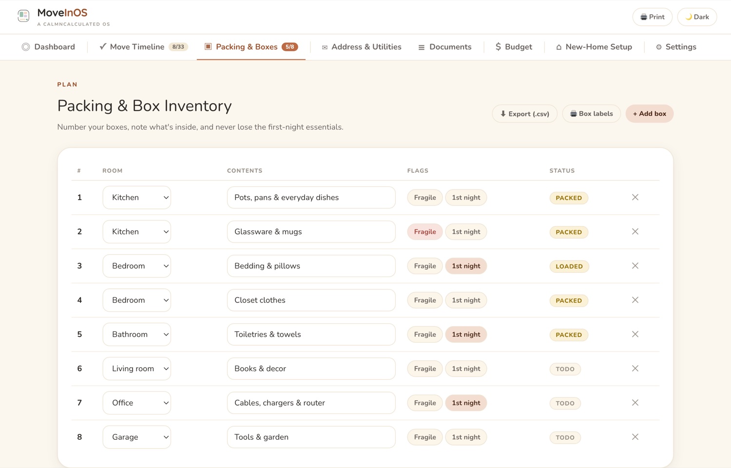 The Packing & Boxes screen in the CalmNCalculated Moving Planner, showing packing tracked box by box, room by room