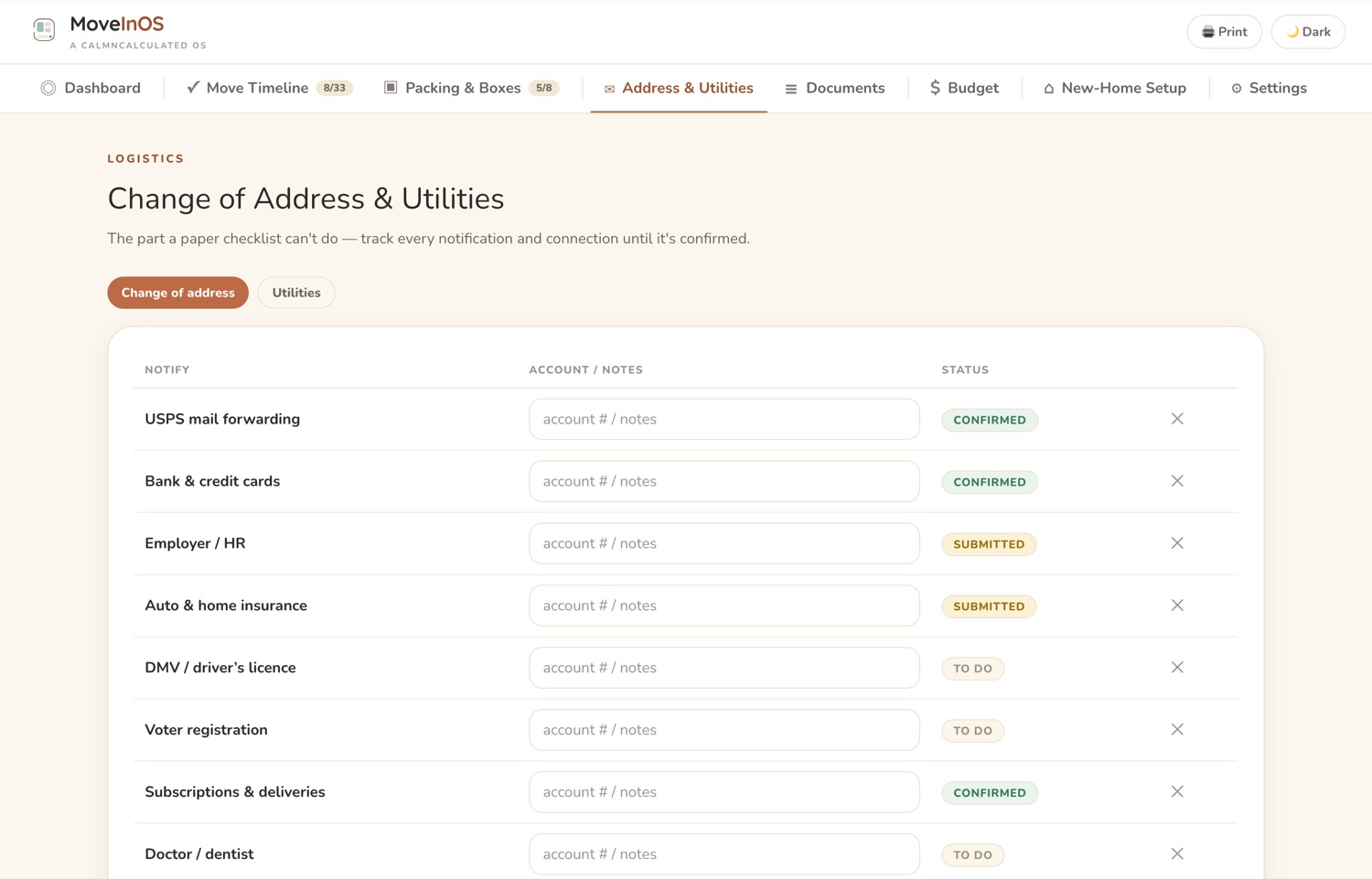 The Address & Utilities screen in the CalmNCalculated Moving Planner, showing address changes and utilities, ticked off as you go