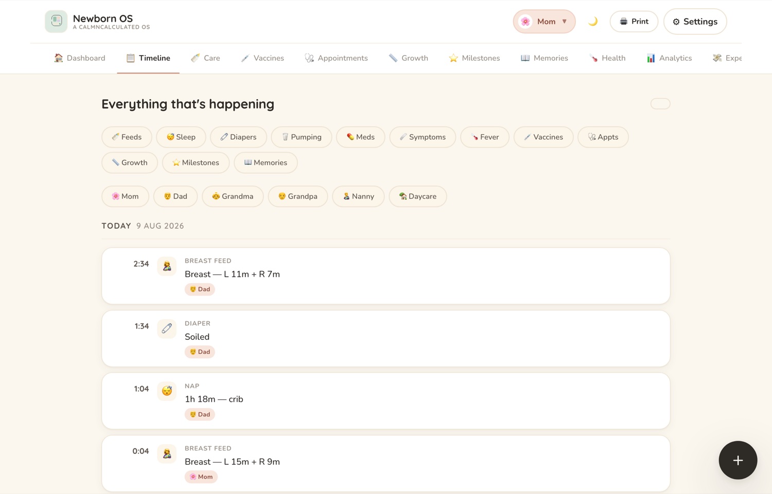 The Timeline screen in the CalmNCalculated Newborn Baby Tracker, showing milestones and checks laid out across the first year