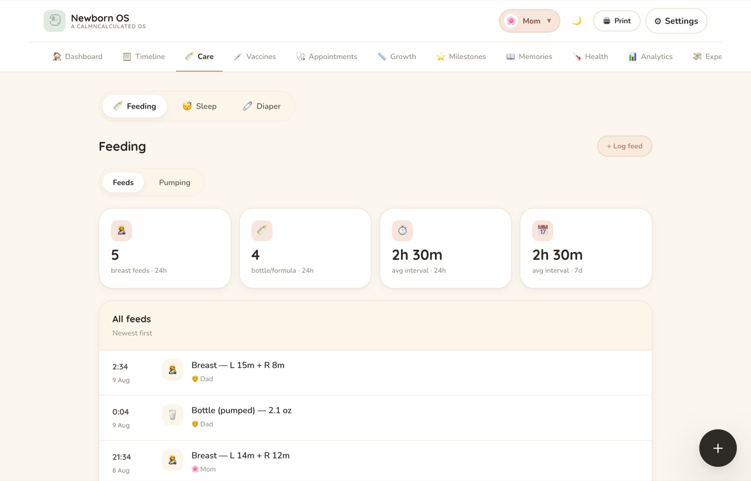 The Care screen in the CalmNCalculated Newborn Baby Tracker, showing the care log of feeds, sleep and nappies