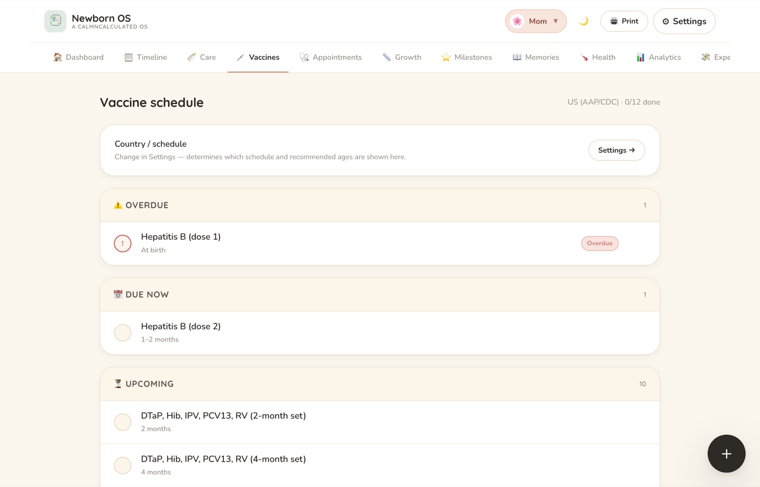 The Vaccines screen in the CalmNCalculated Newborn Baby Tracker, showing the vaccine record — what's had and what's due