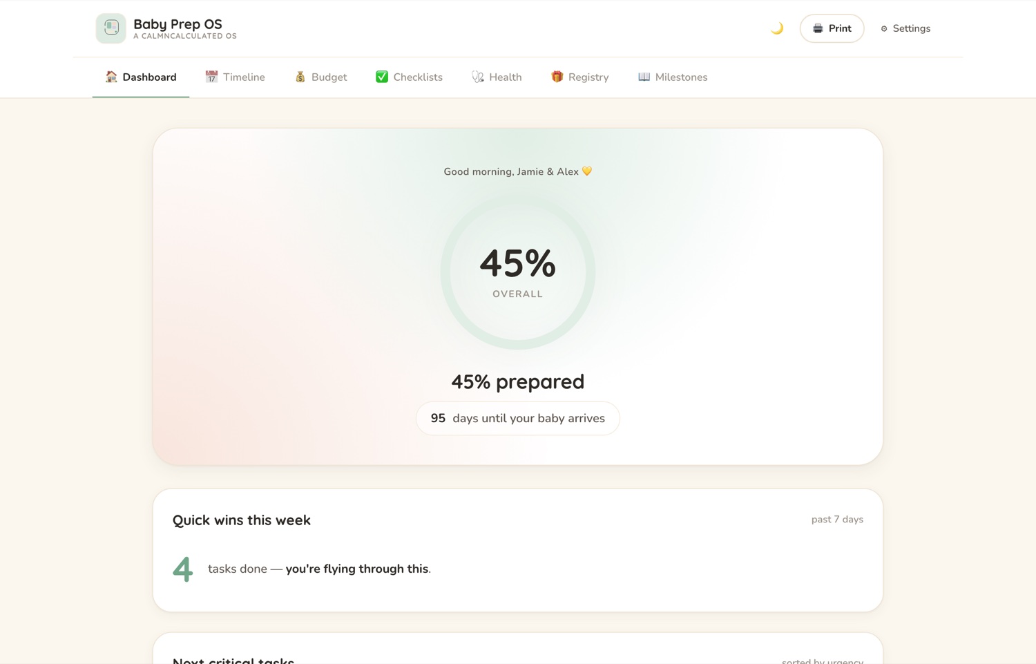 The dashboard of the CalmNCalculated Pregnancy Planner, running on its sample data