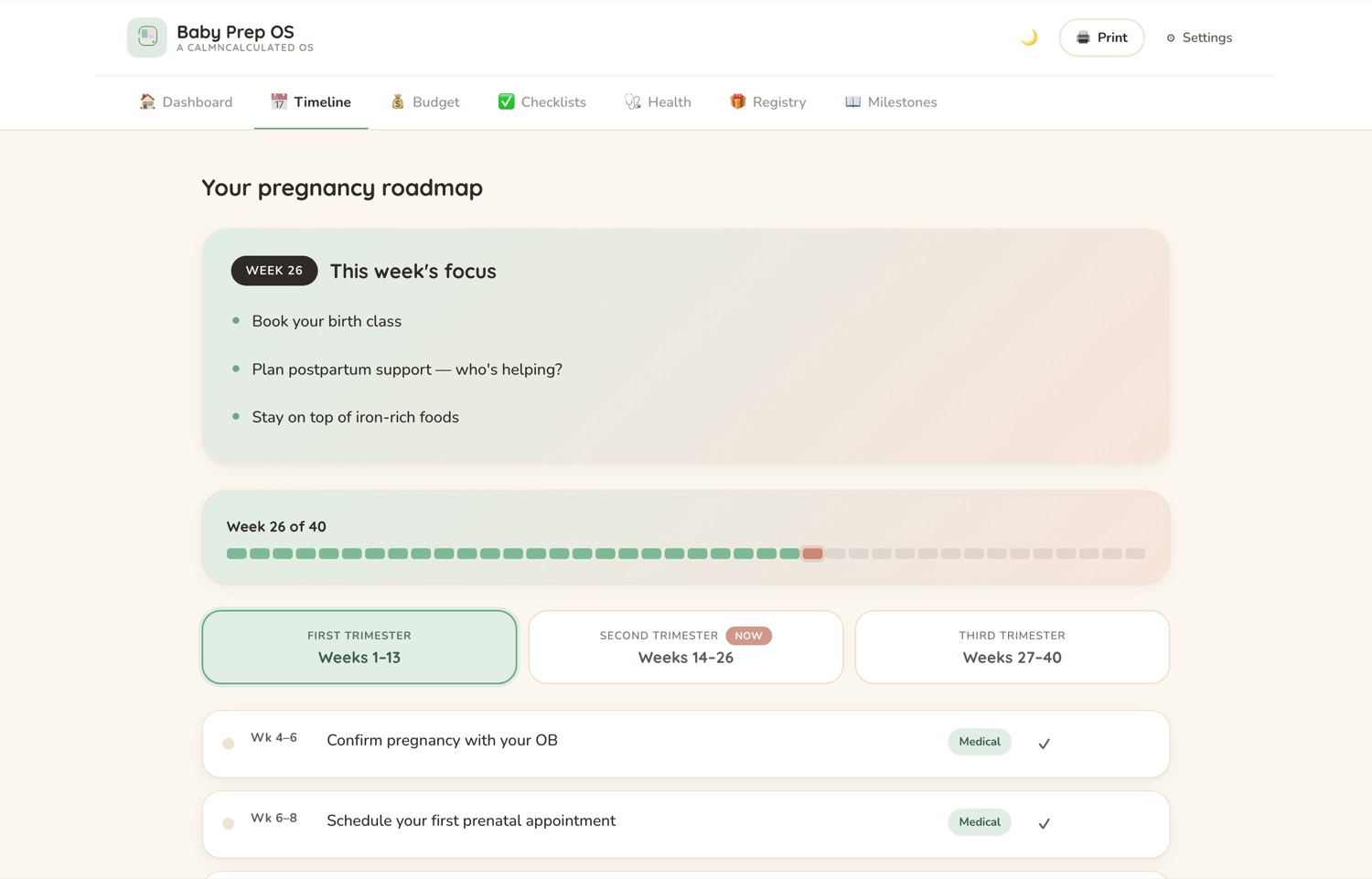 The Timeline screen in the CalmNCalculated Pregnancy Planner, showing appointments and preparation paced across the weeks