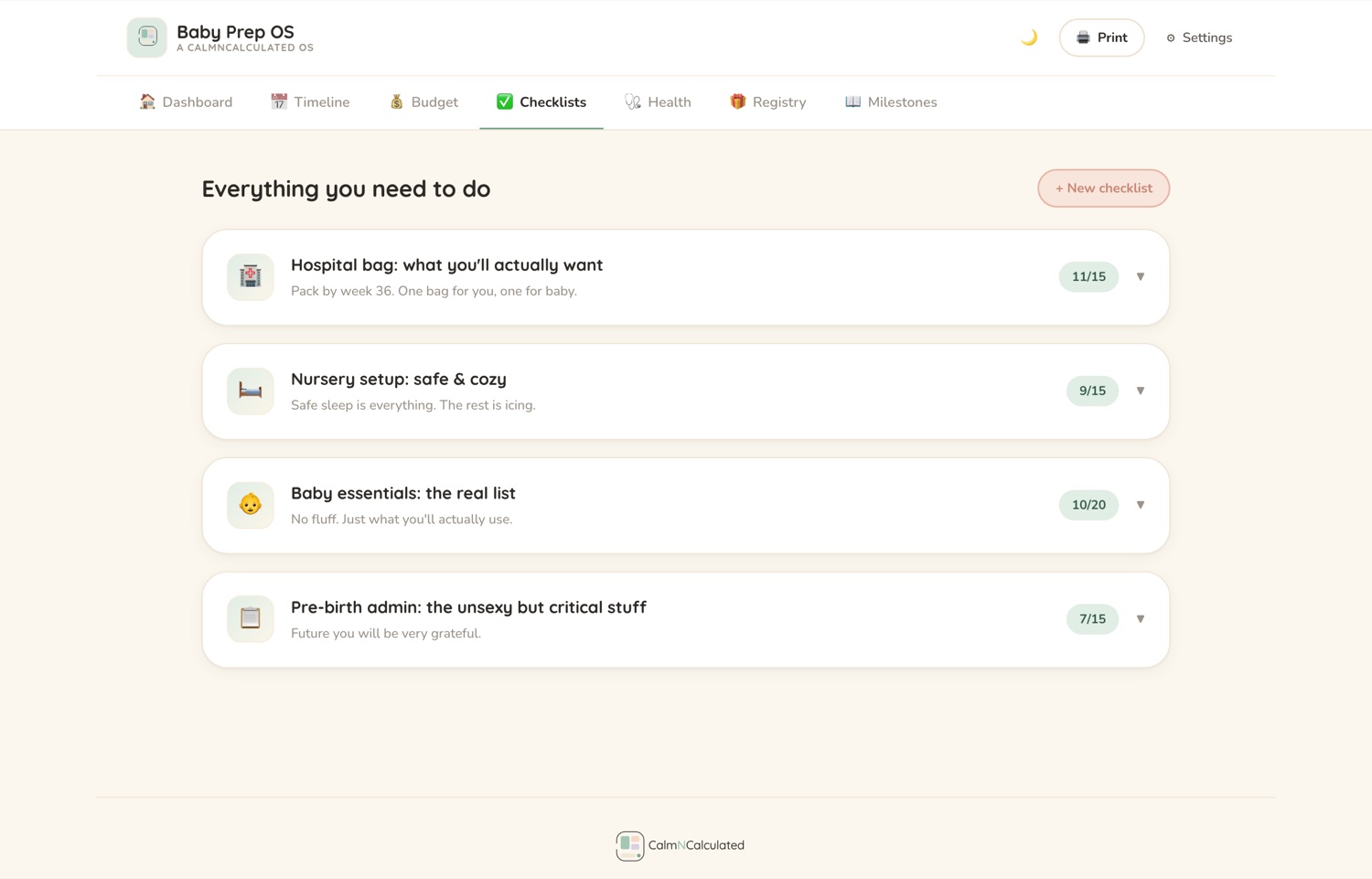 The Checklists screen in the CalmNCalculated Pregnancy Planner, showing the hospital bag and the other checklists
