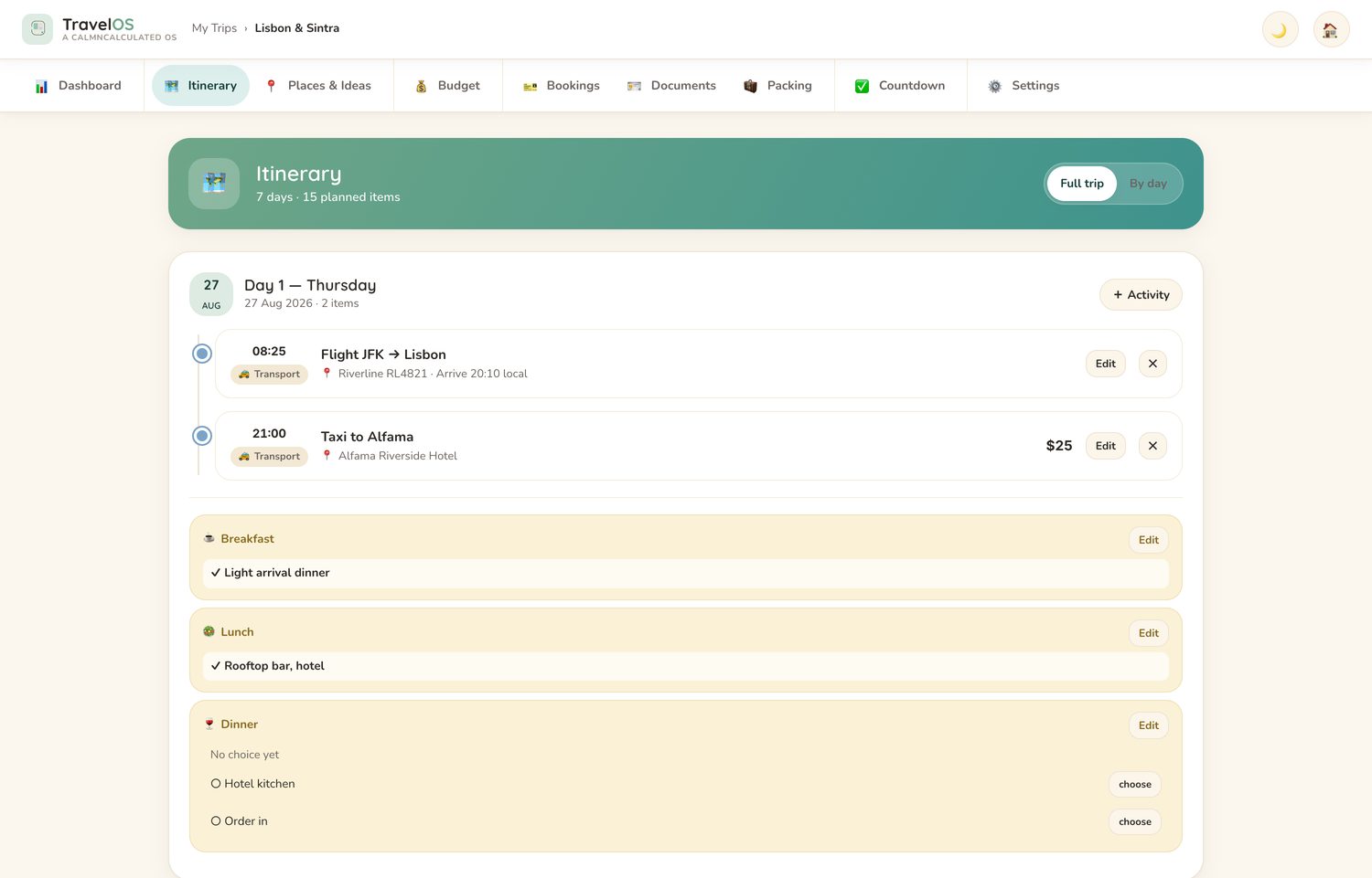 The Itinerary screen in the CalmNCalculated Travel Planner, showing a day-by-day itinerary with times and places