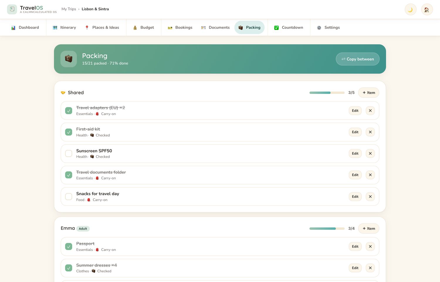 The Packing screen in the CalmNCalculated Travel Planner, showing packing lists with progress for each traveller