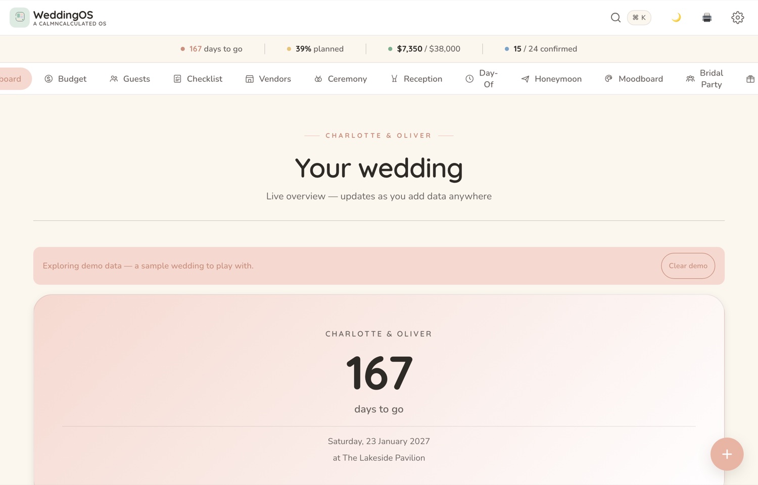 A CalmNCalculated planner running on sample data in a browser